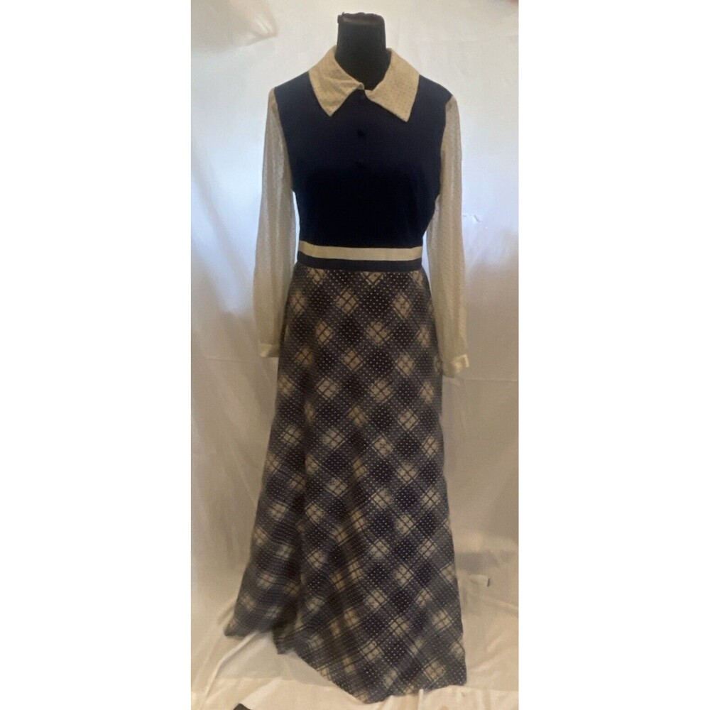 Vintage 70s Japanese Maxi Dress Trompe Loeil Plaid Vest Polka Dot Mod
